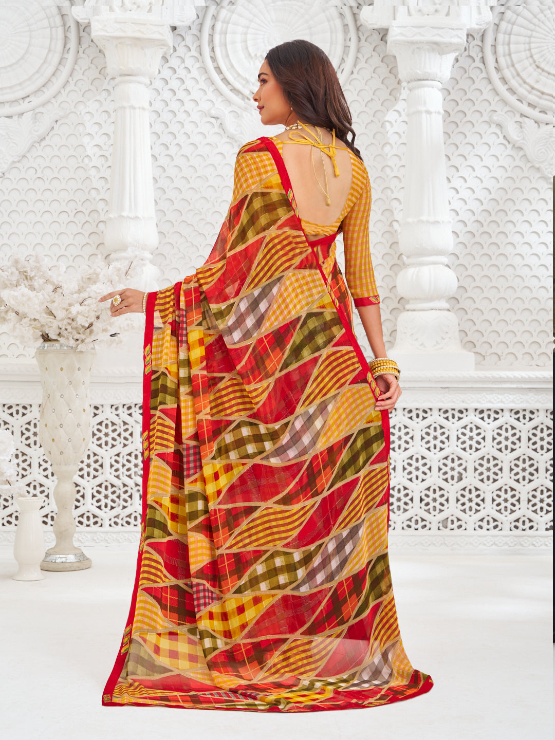 Laxmipati Kamya Mustard Georgette Geometric Printed Saree