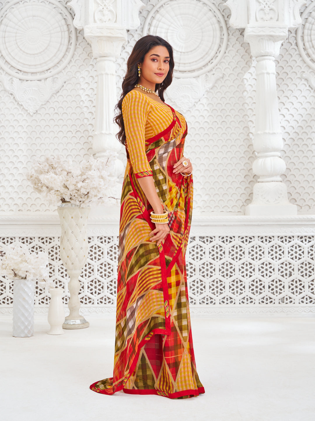 Laxmipati Kamya Mustard Georgette Geometric Printed Saree
