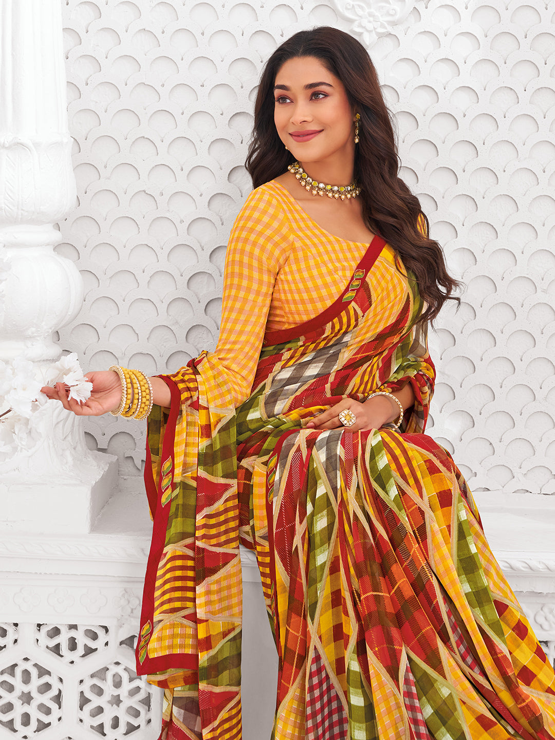 Laxmipati Kamya Mustard Georgette Geometric Printed Saree