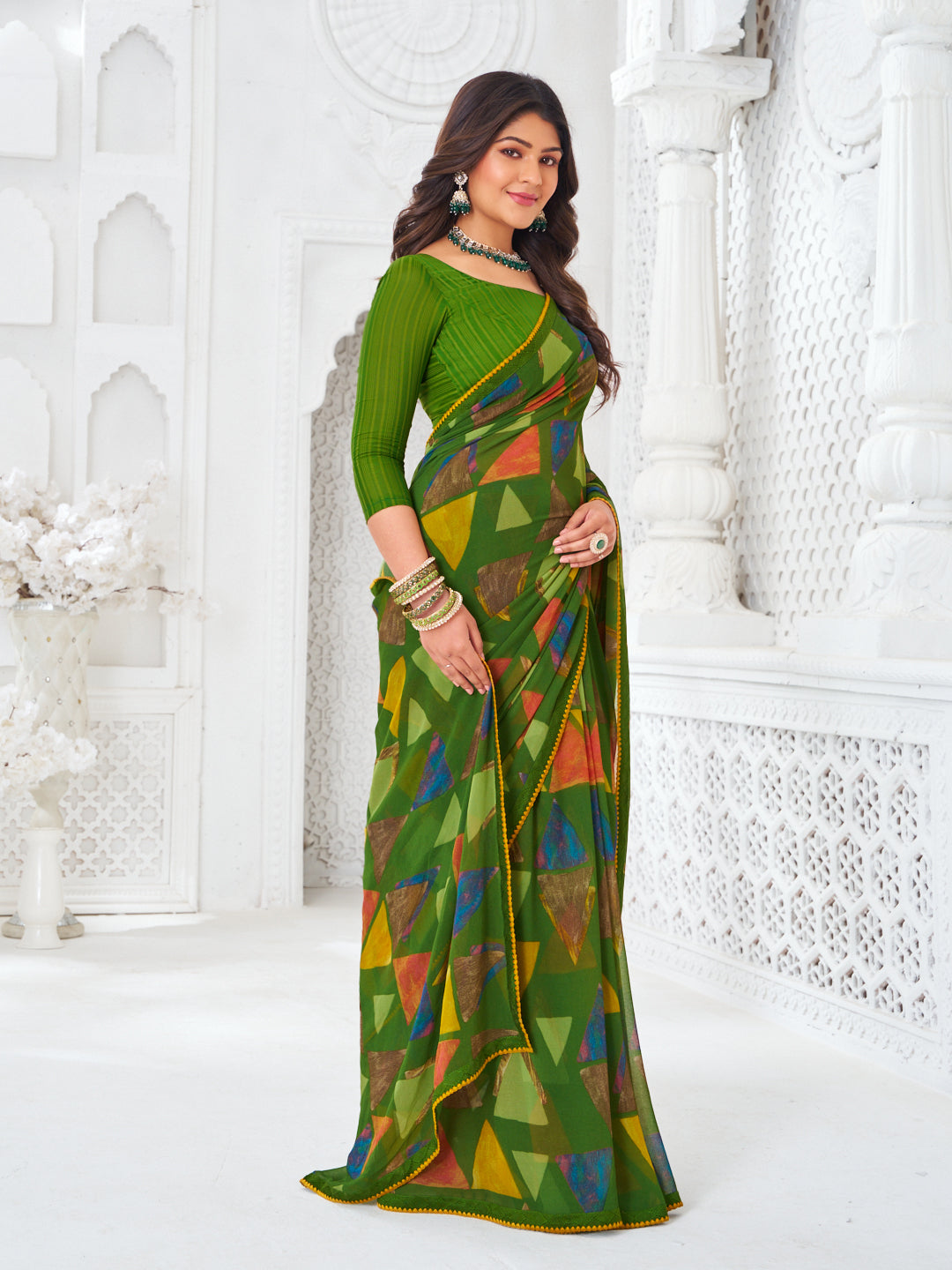 Laxmipati Kamya Green Georgette Geometric Printed Saree