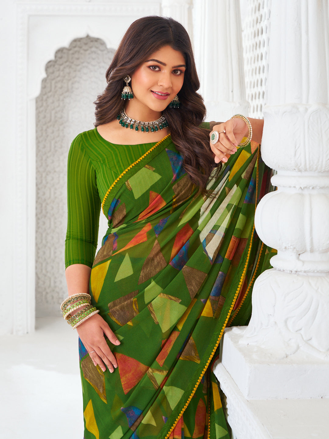 Laxmipati Kamya Green Georgette Geometric Printed Saree