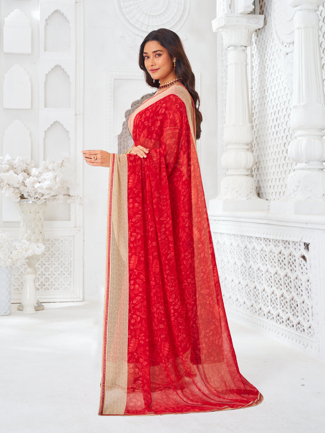 Laxmipati Kamya Red Georgette Floral Printed Saree