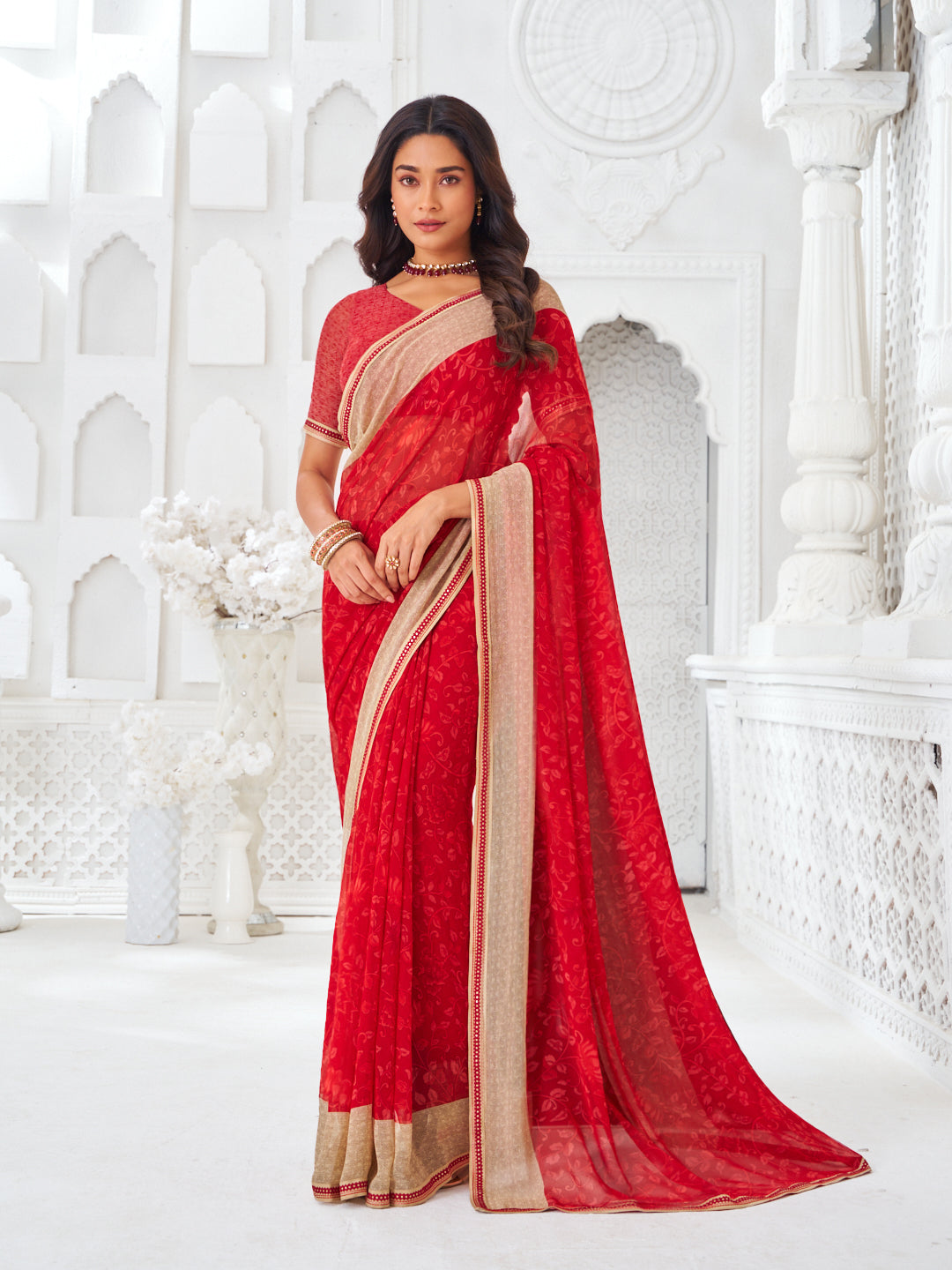 Laxmipati Kamya Red Georgette Floral Printed Saree