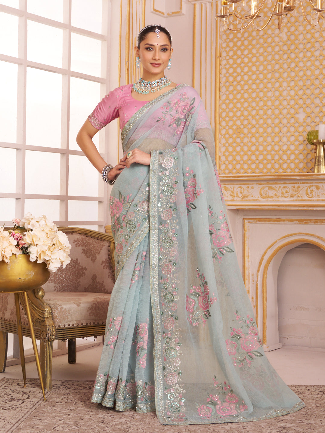 Laxmipati Chakor Pastel Blue Tissue Organza Saree with Floral Embroidery