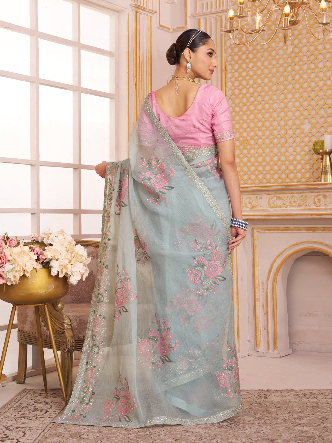 Laxmipati Chakor Pastel Blue Tissue Organza Saree with Floral Embroidery