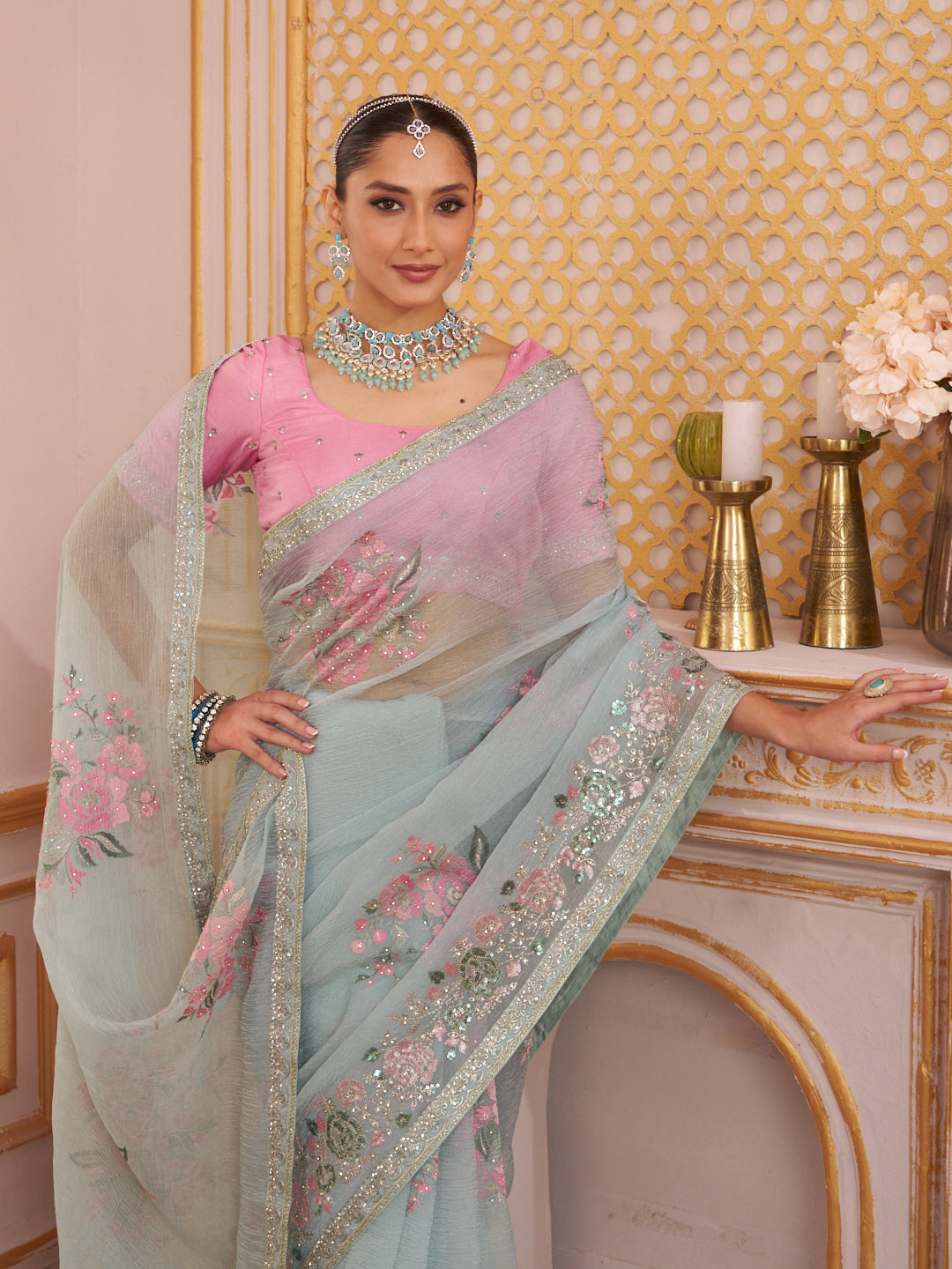 Laxmipati Chakor Pastel Blue Tissue Organza Saree with Floral Embroidery