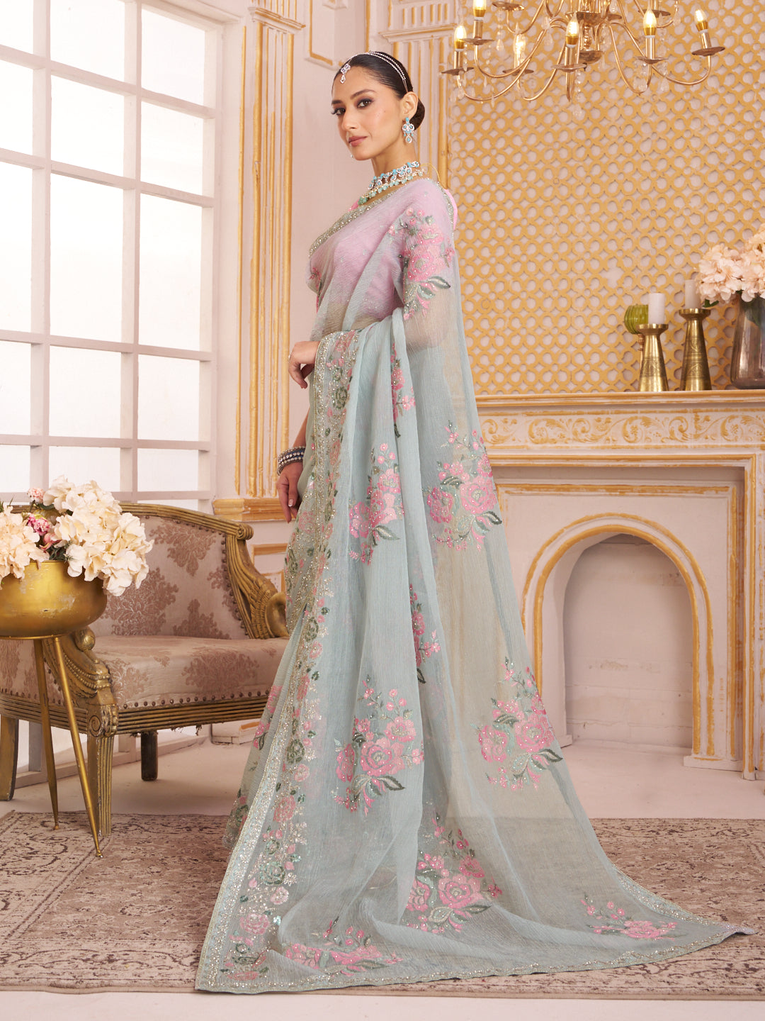Laxmipati Chakor Pastel Blue Tissue Organza Saree with Floral Embroidery