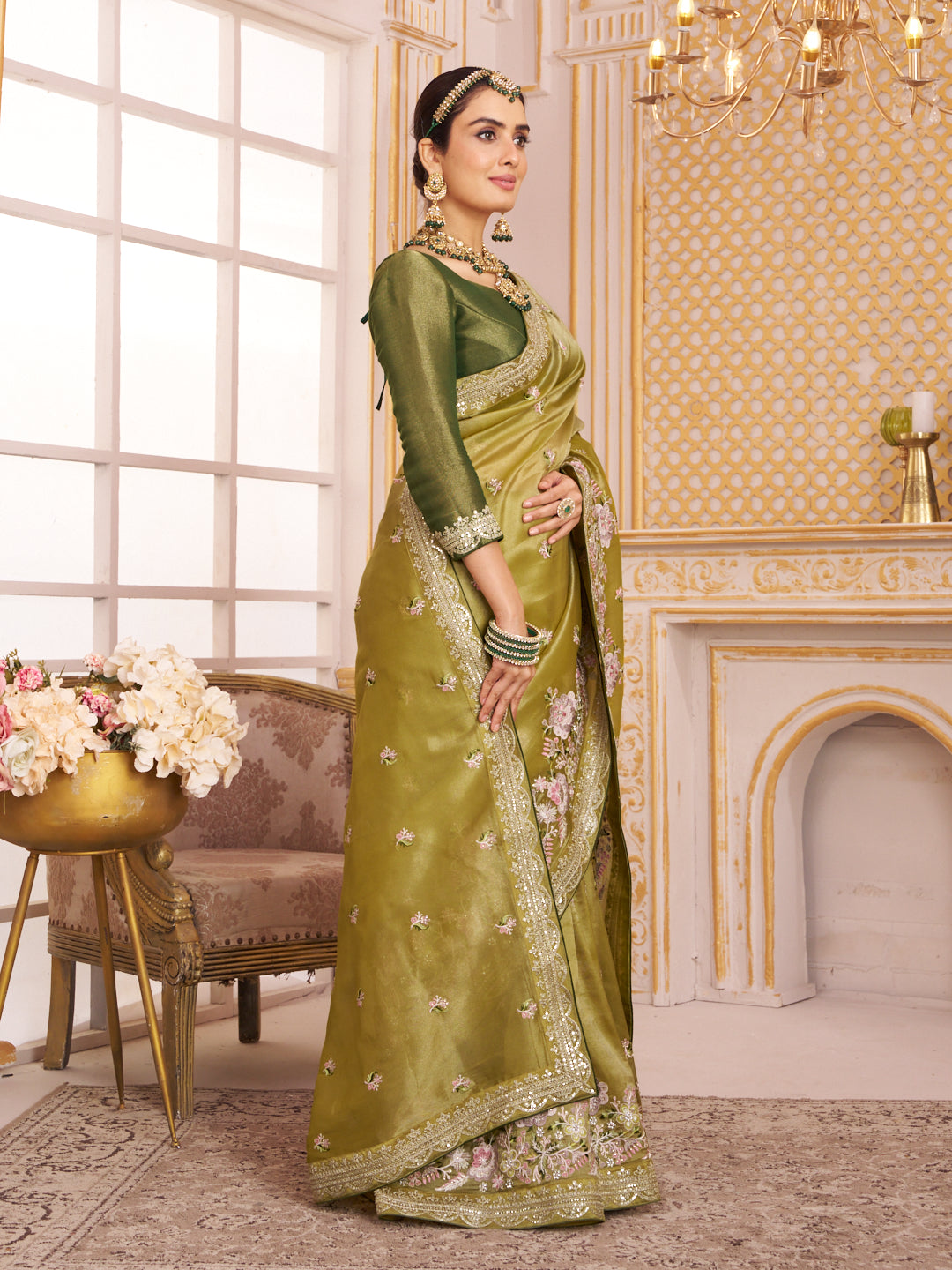 Laxmipati Chakor Olive Green Tissue Organza Saree with Floral Embroidery