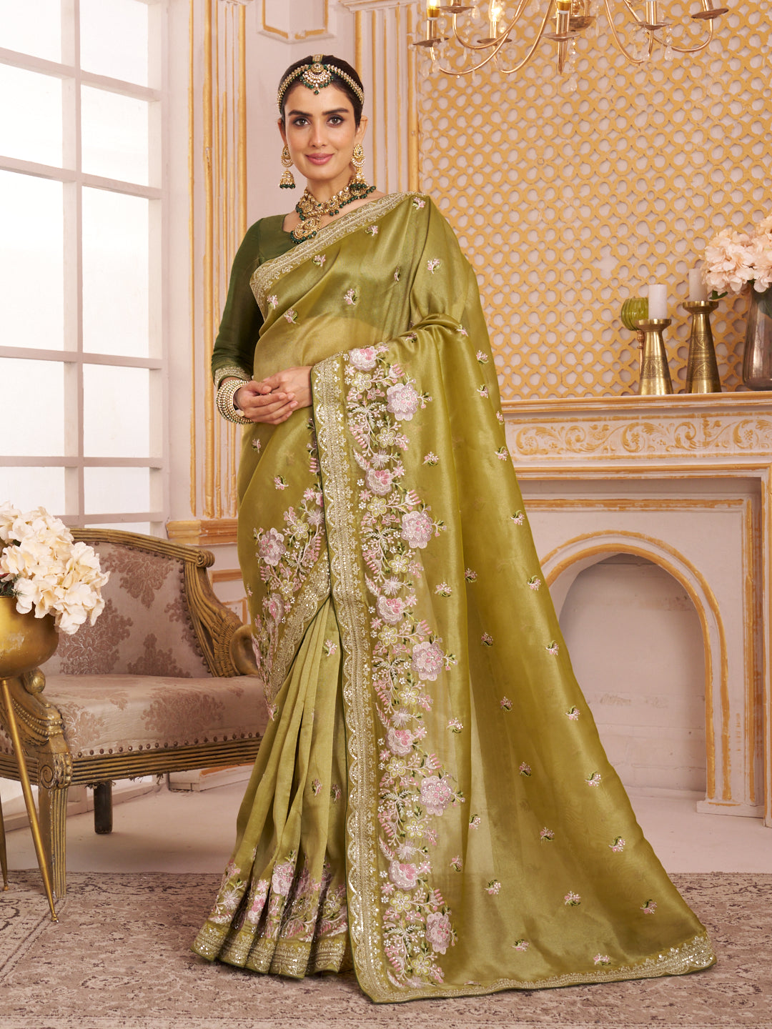 Laxmipati Chakor Olive Green Tissue Organza Saree with Floral Embroidery