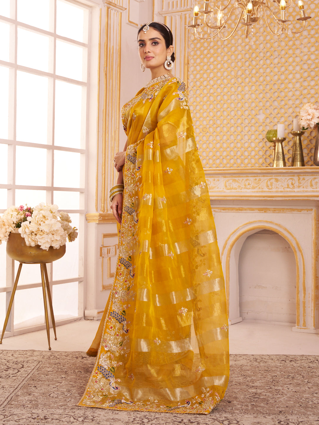 Laxmipati Chakor Mustard Tissue Organza Saree with Floral Embroidery