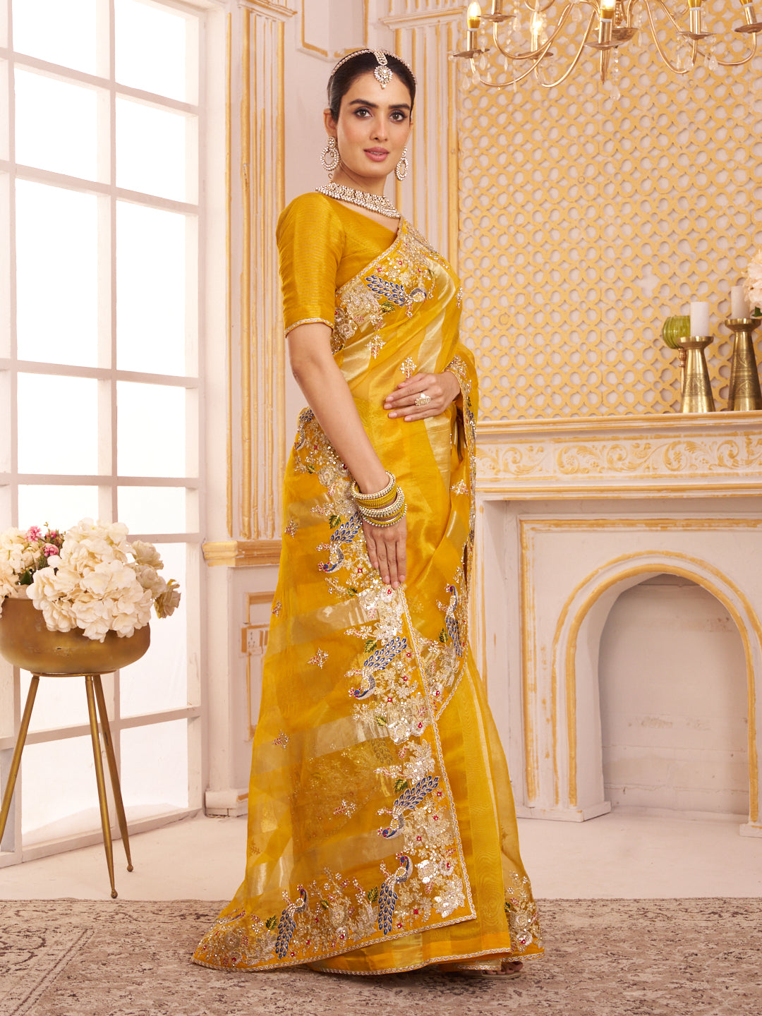 Laxmipati Chakor Mustard Tissue Organza Saree with Floral Embroidery