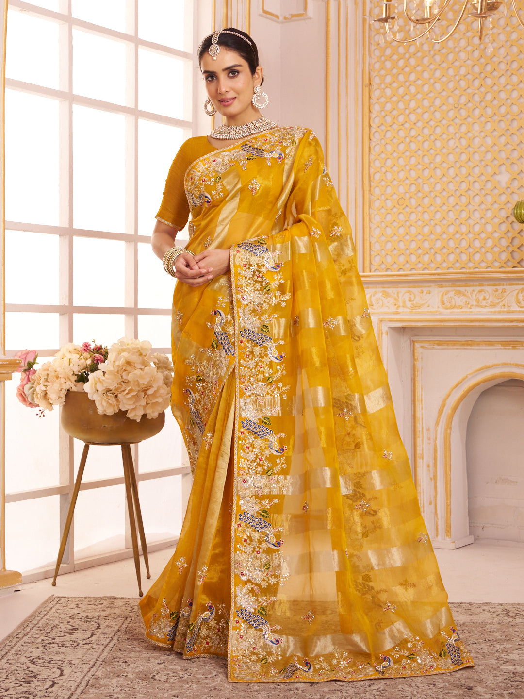 Laxmipati Chakor Mustard Tissue Organza Saree with Floral Embroidery