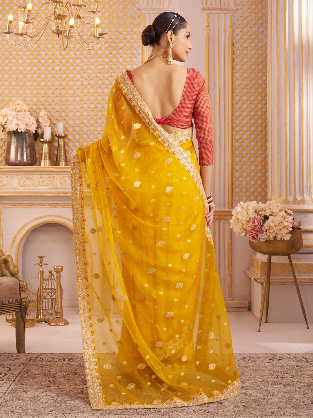 Laxmipati Chakor Mustard Tissue Organza Saree with Floral Embroidery
