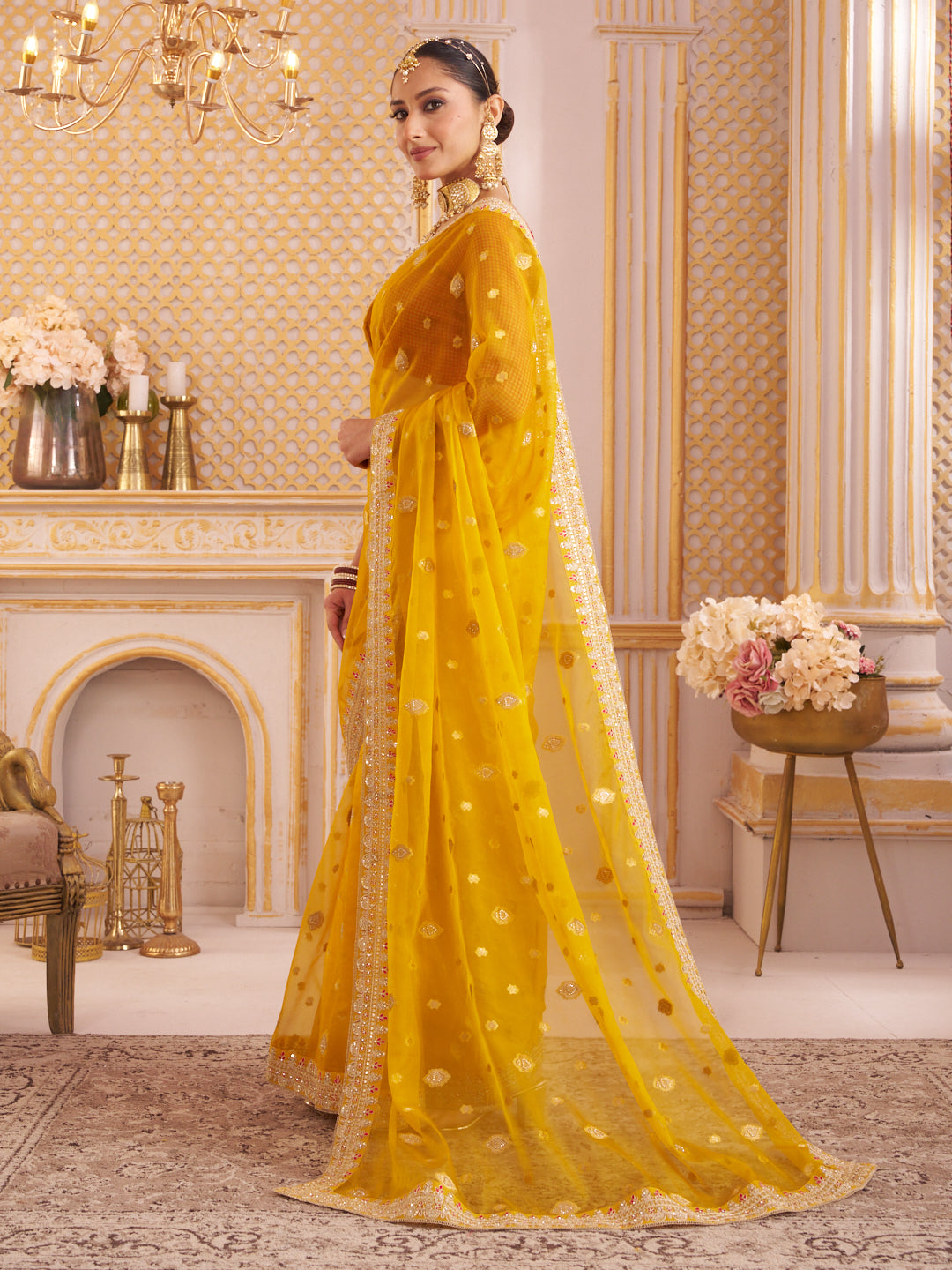 Laxmipati Chakor Mustard Tissue Organza Saree with Floral Embroidery