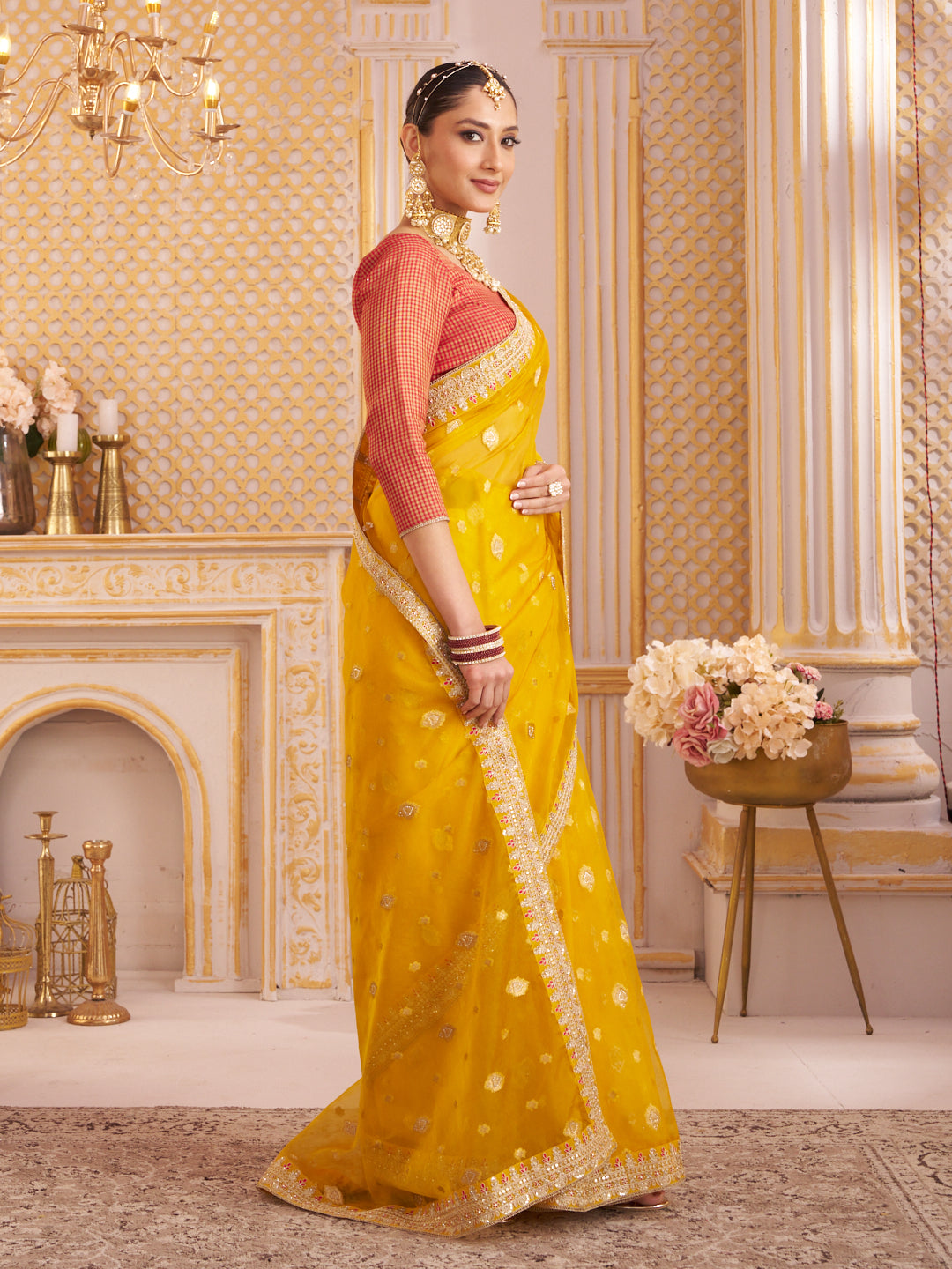 Laxmipati Chakor Mustard Tissue Organza Saree with Floral Embroidery