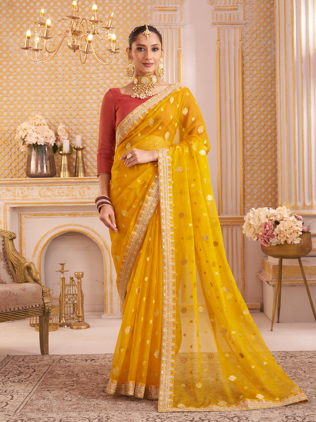 Laxmipati Chakor Mustard Tissue Organza Saree with Floral Embroidery