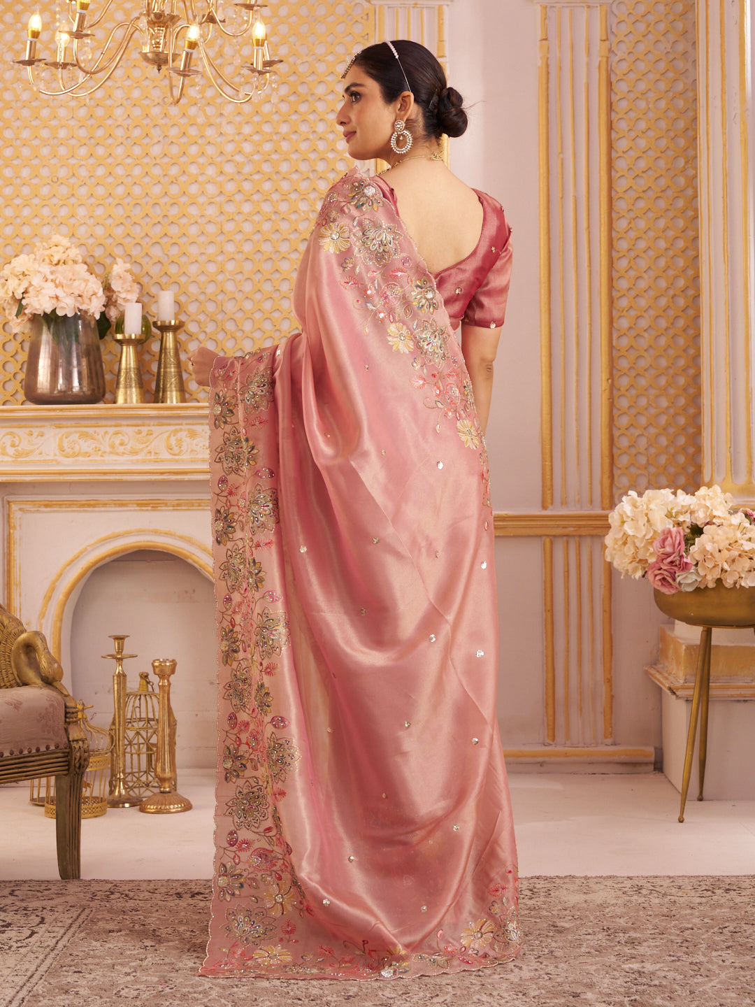 Laxmipati Chakor Pink Tissue Organza Saree with Floral Embroidery