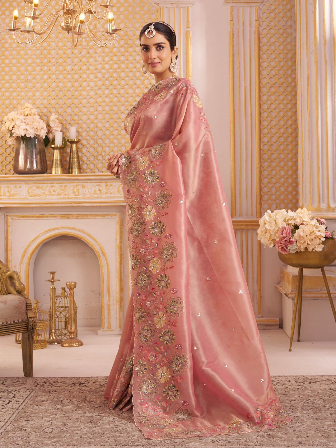 Laxmipati Chakor Pink Tissue Organza Saree with Floral Embroidery