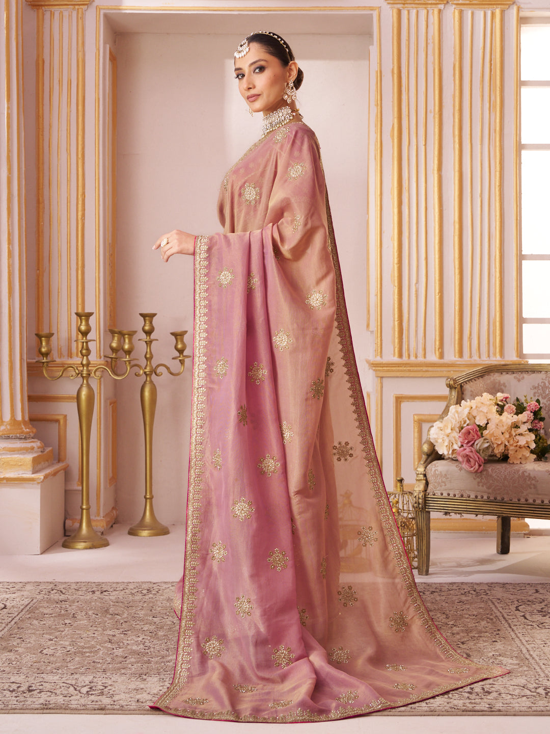 Laxmipati Chakor Pink Tissue Organza Saree with Zari Embroidery