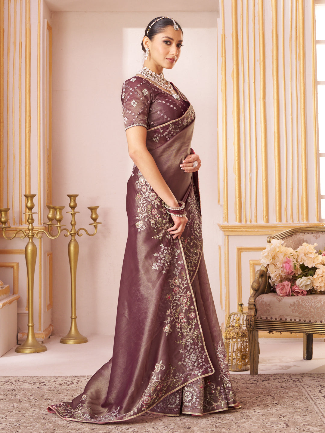Laxmipati Chakor Purple Silk Saree with Floral Embroidery