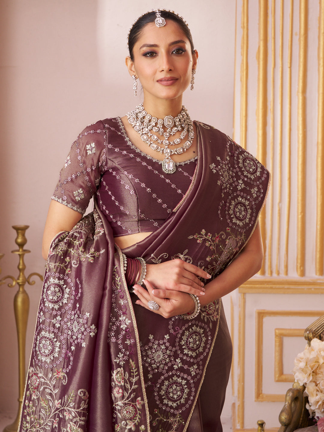 Laxmipati Chakor Purple Silk Saree with Floral Embroidery