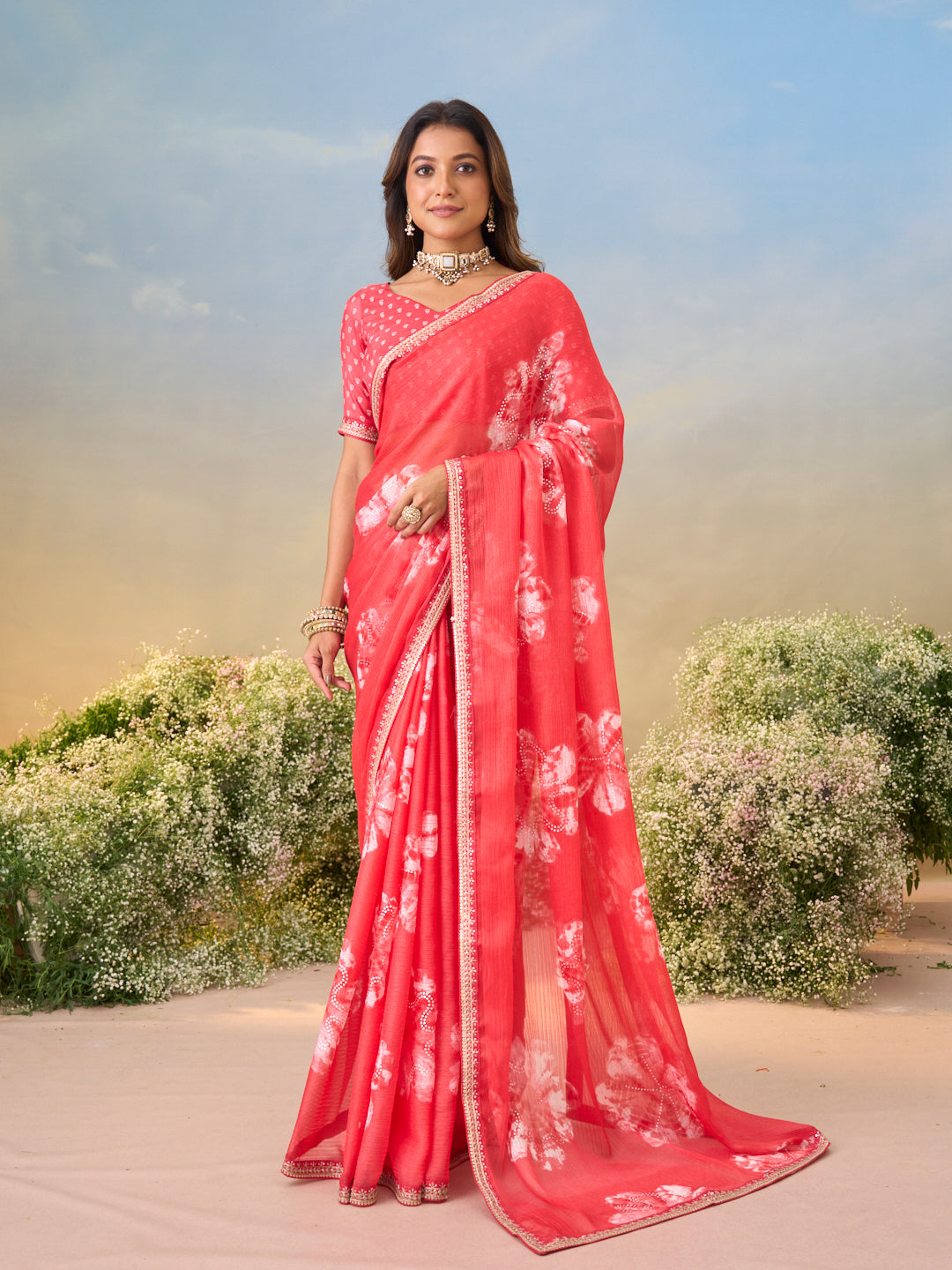 Laxmipati Anaya Red Chiffon Saree with Floral Prints
