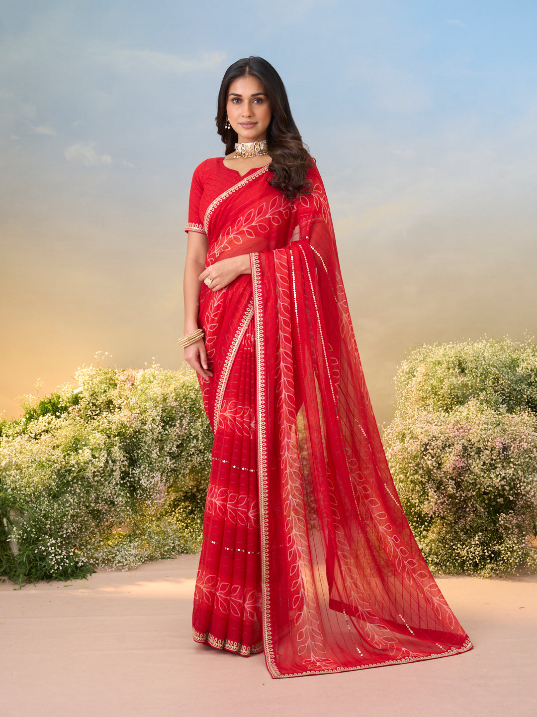 Laxmipati Anaya Red Chiffon Saree with Floral Prints