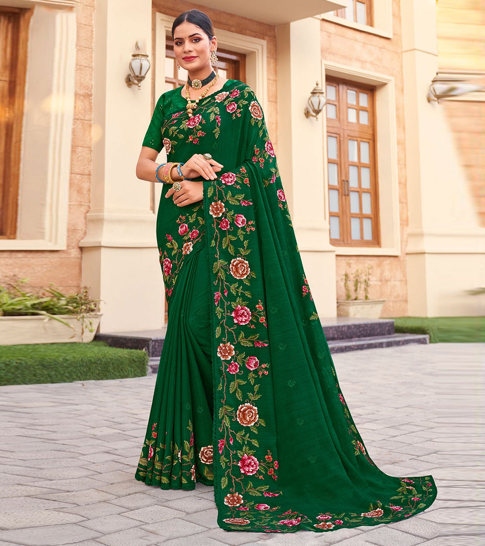 Laxmipati Chiffon Bottle Green Sarees