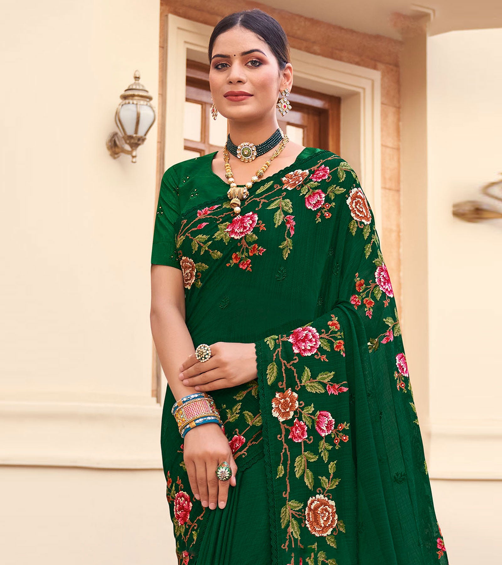 Laxmipati Chiffon Bottle Green Sarees