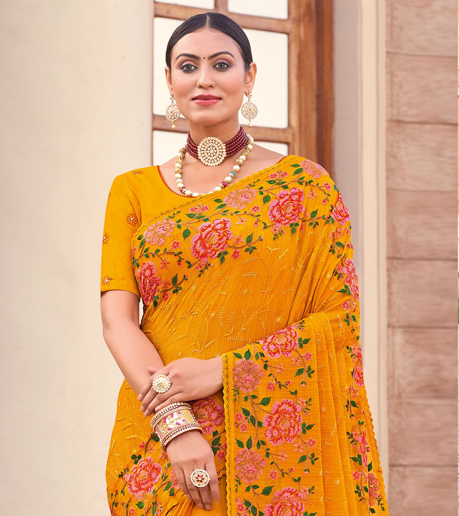 Laxmipati Chiffon Mustard Floral Embroidered Saree