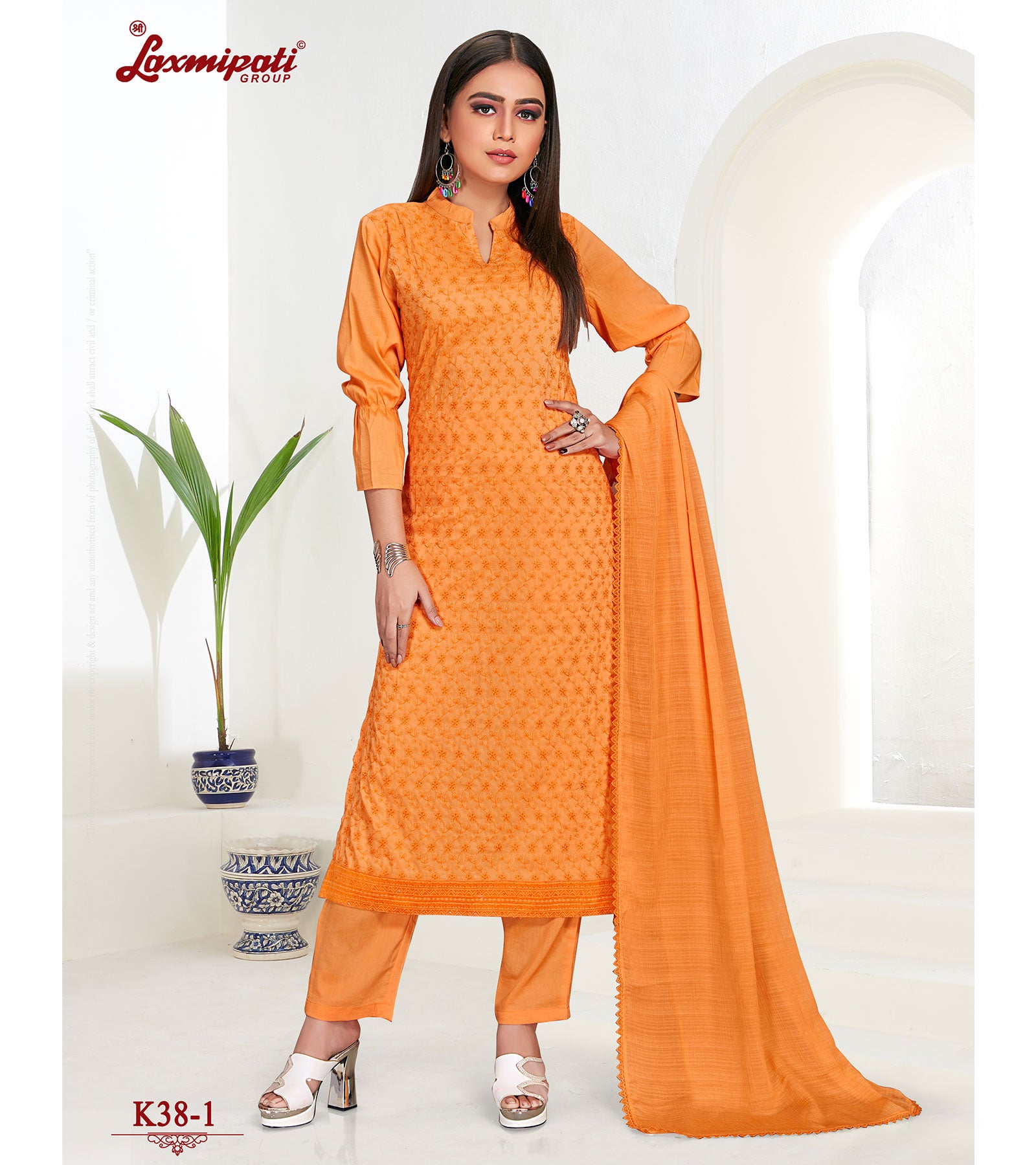 Laxmipati Namrata Muslin Base Orange Straight Cut Kurti With Pant & Dupatta
