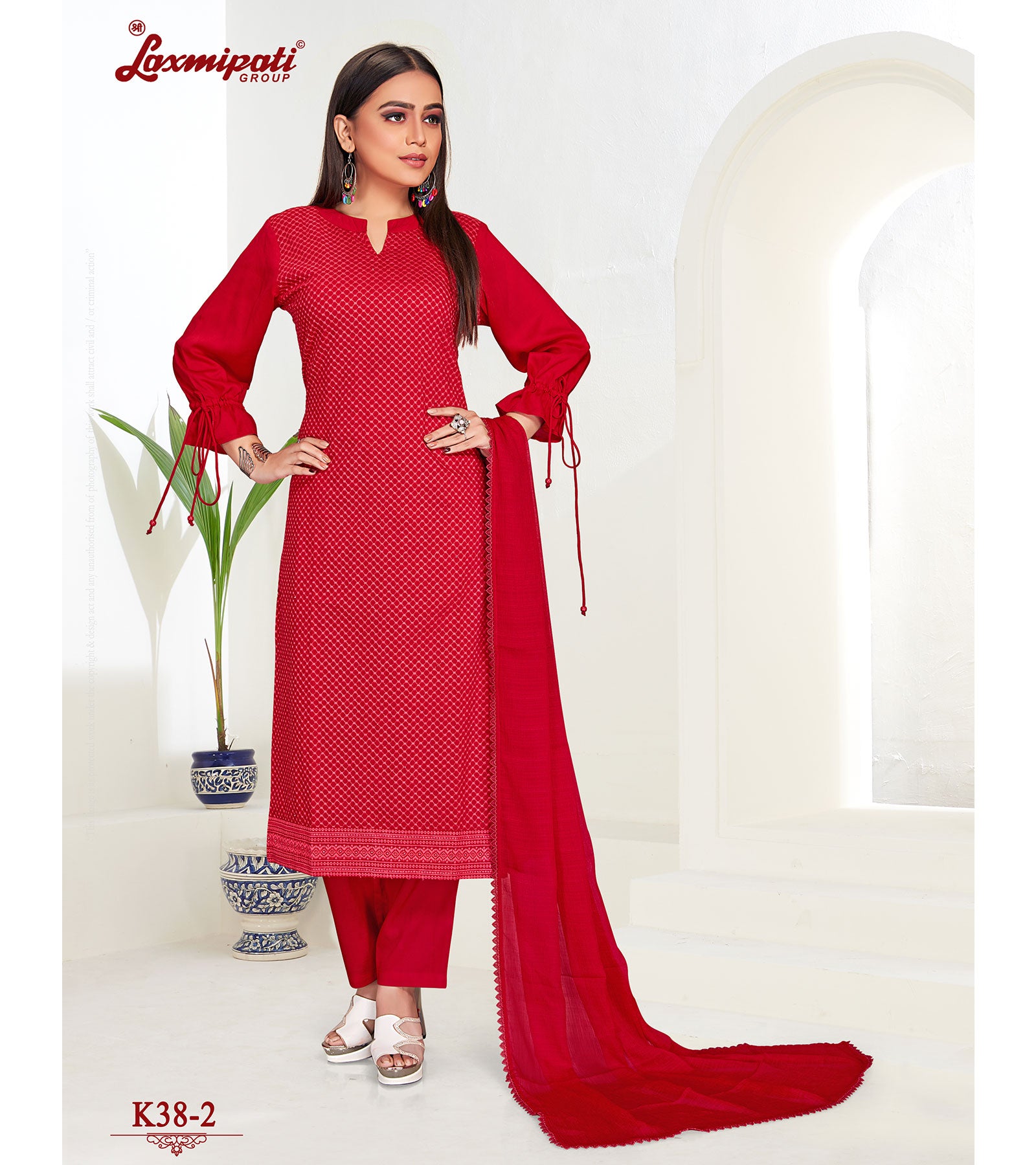 Laxmipati Namrata Muslin Base Cherry Red Straight Cut Kurti With Pant & Dupatta