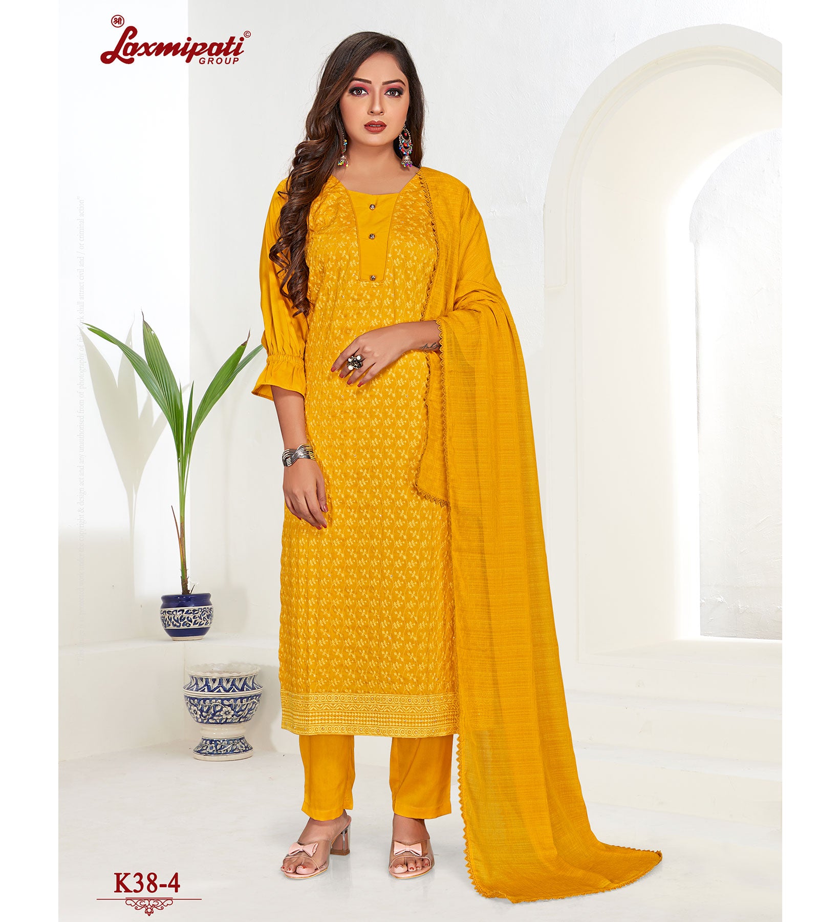 Laxmipati Namrata Muslin Base Marigold Straight Cut Kurti With Pant & Dupatta