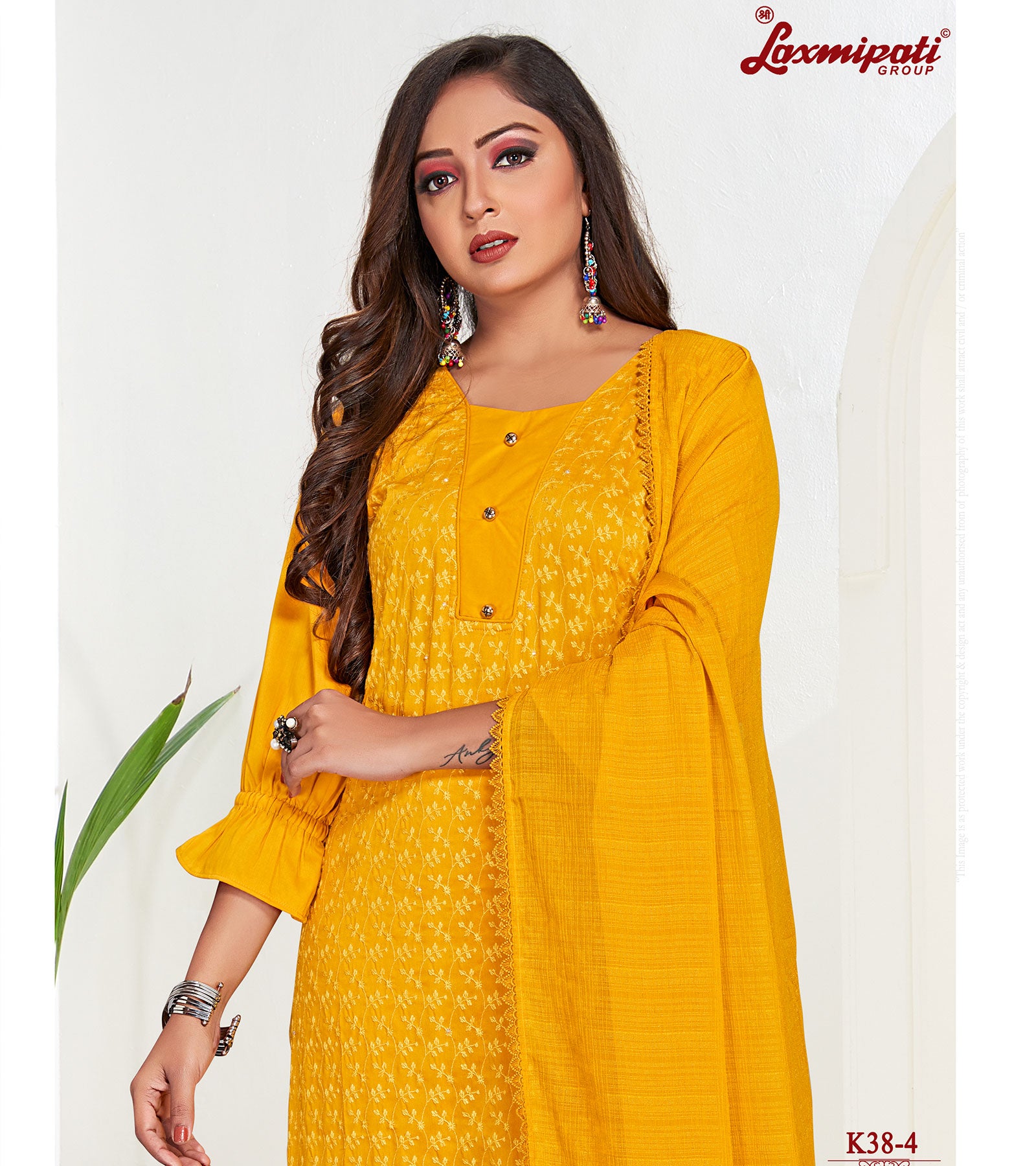 Laxmipati Namrata Muslin Base Marigold Straight Cut Kurti With Pant & Dupatta