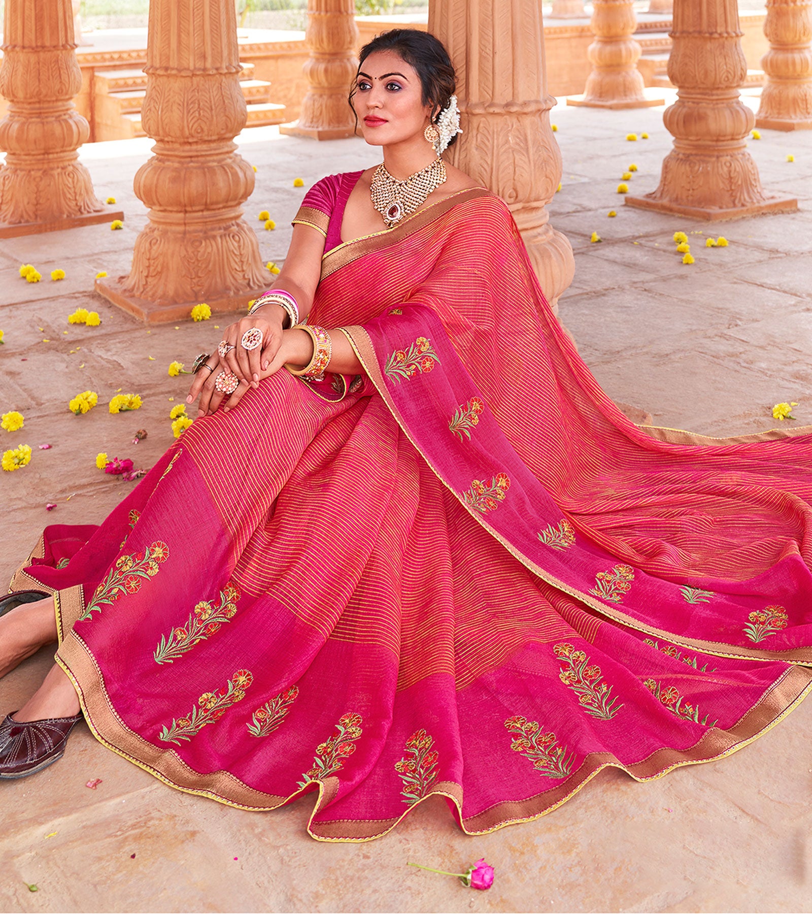 Laxmipati Chiffon Pink Leheriya Prints with Resham Work Embroidery Work Saree