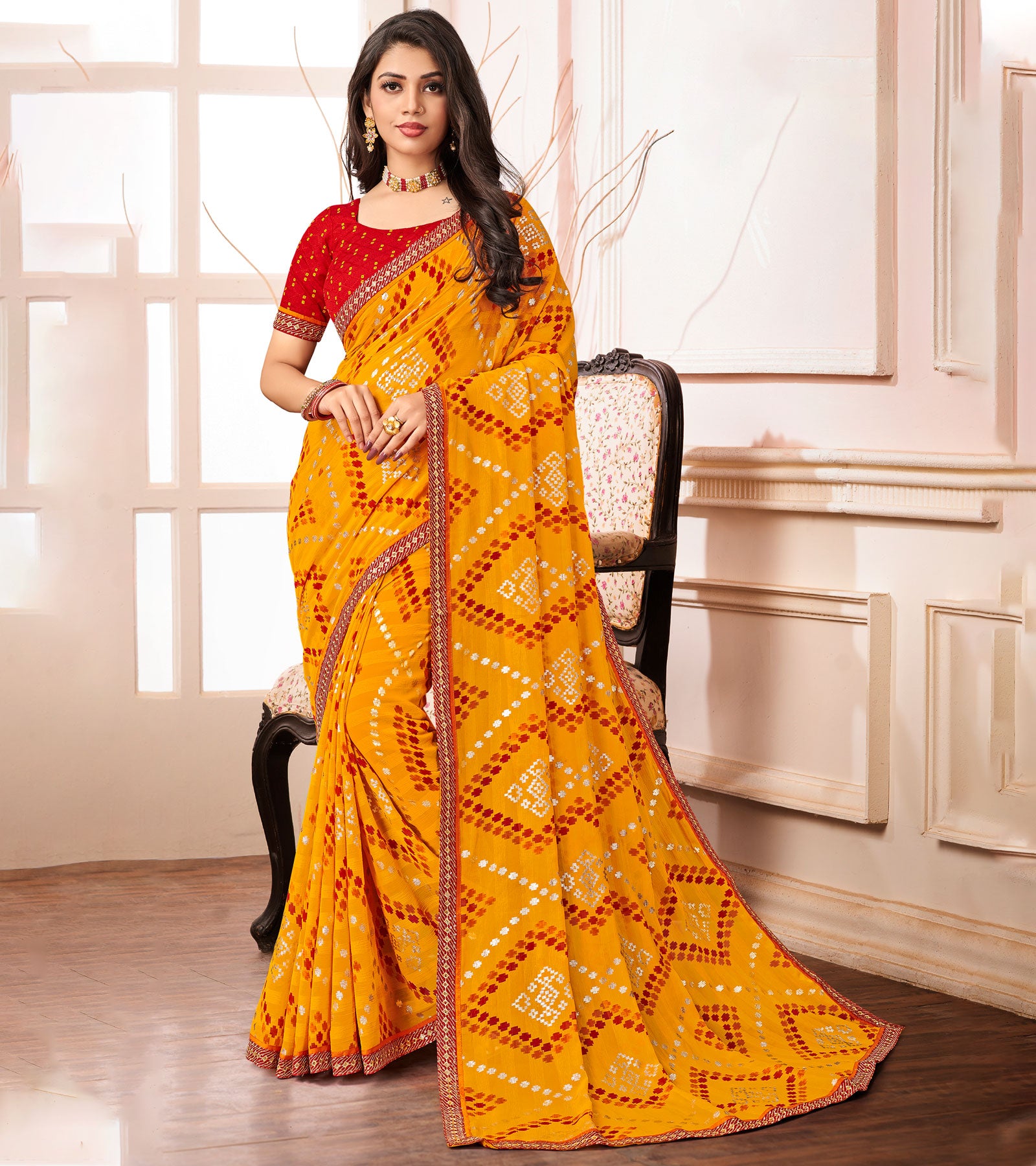 Laxmipati Chiffon Gold Foil Print with Fancy Border Saree