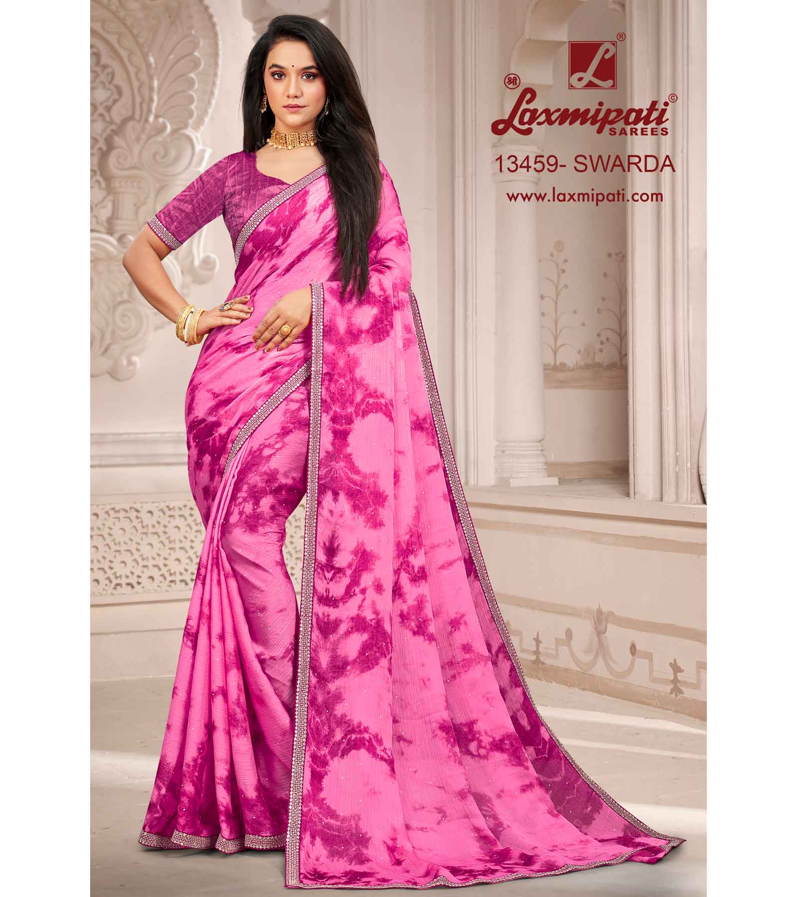 Laxmipati 13459 Swarda Pink Satin Chiffon Diamond Work Saree