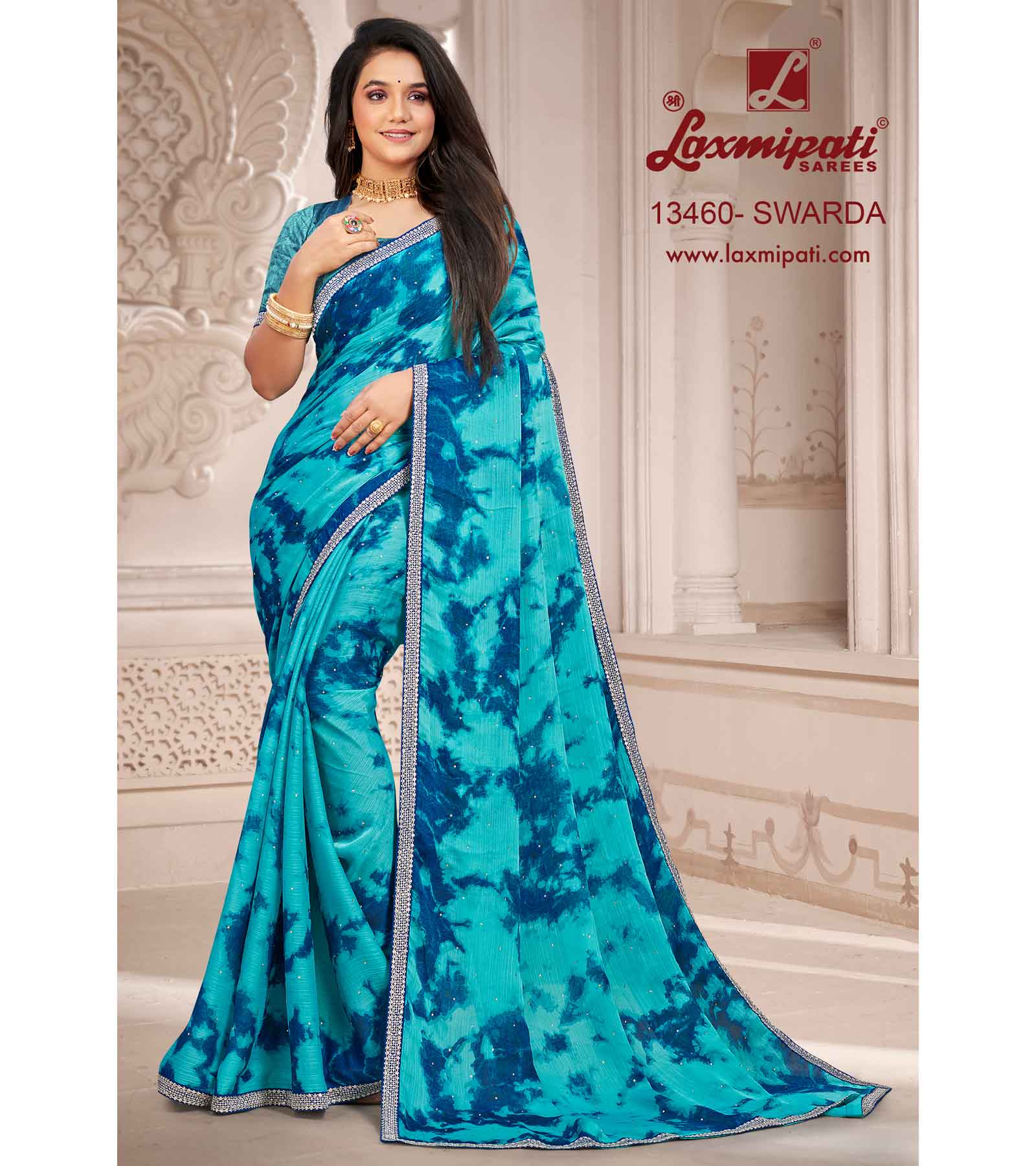 Laxmipati 13460 Swarda Blue Satin Chiffon Diamond Work Saree