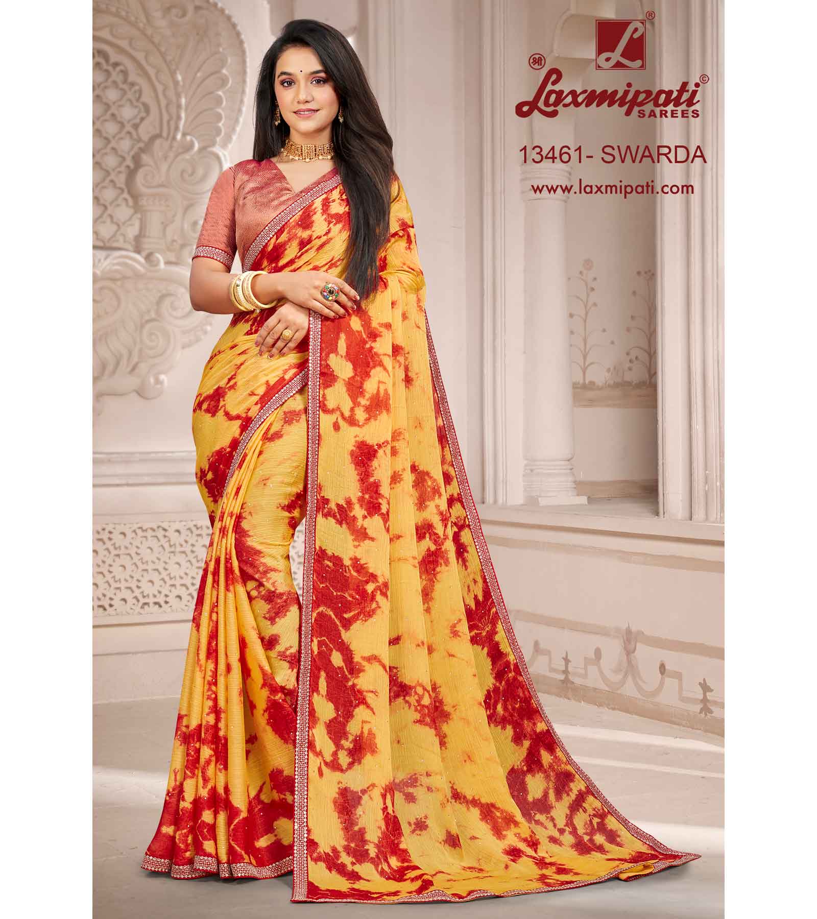 Laxmipati 13461 Swarda Yellow Satin Chiffon Diamond Work Saree