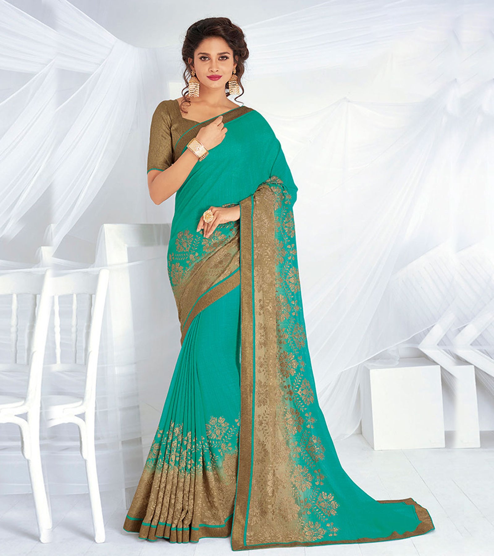 Laxmipati Chiffon Sea Green & Chikoo Zari Embroidery Work Saree