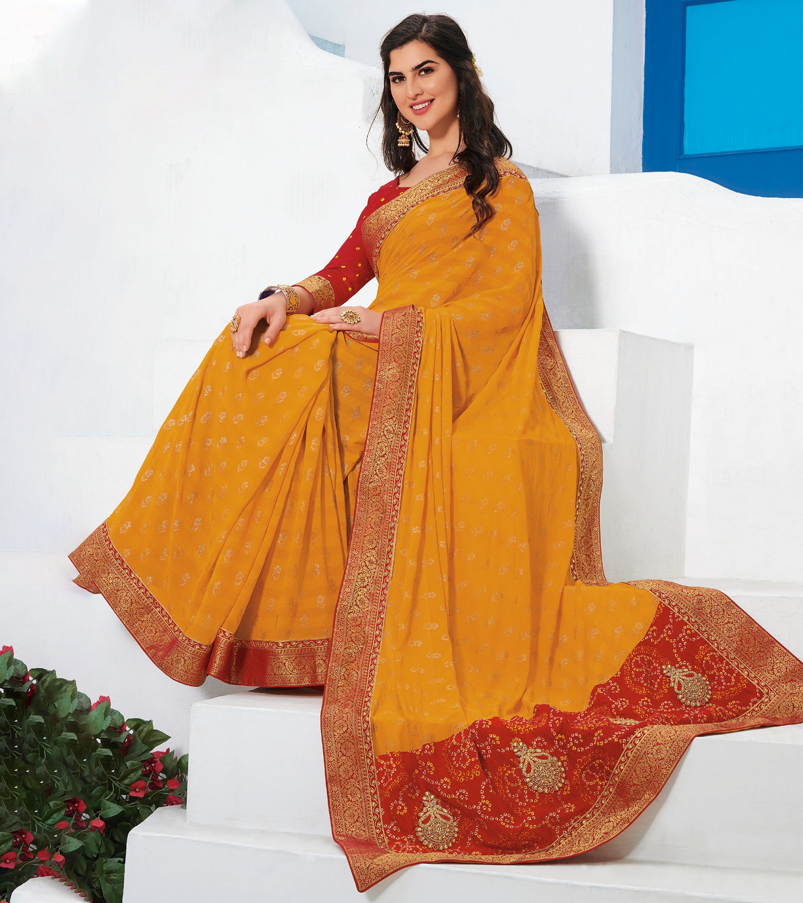 Laxmipati Marble Chiffon Mustard Yellow Saree