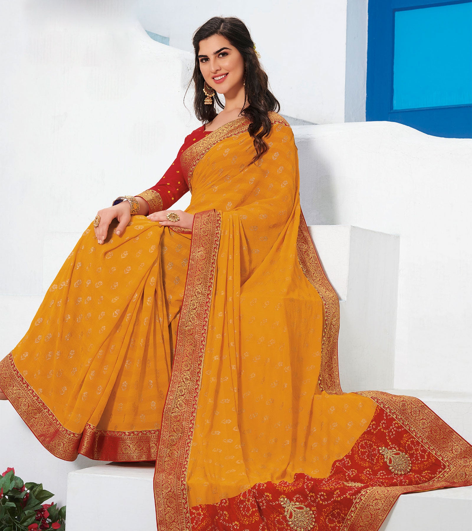 Laxmipati Marble Chiffon Mustard Yellow Saree