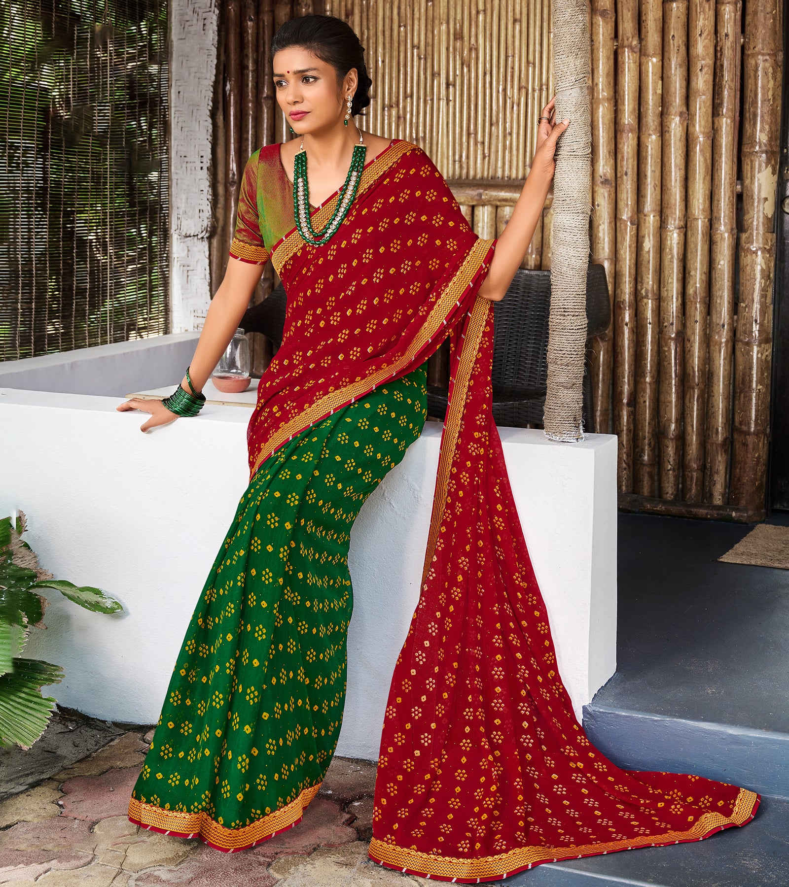 Laxmipati Chiffon Red & Green Saree
