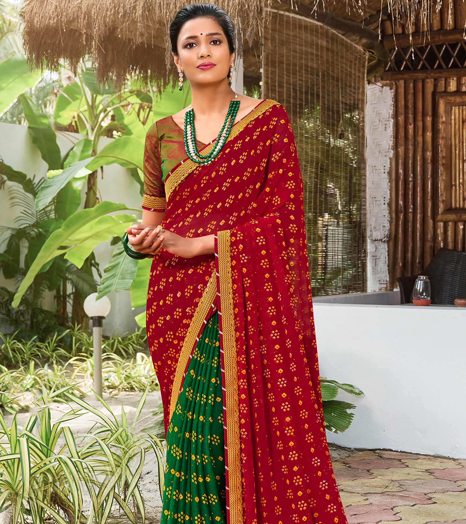 Laxmipati Chiffon Red & Green Saree