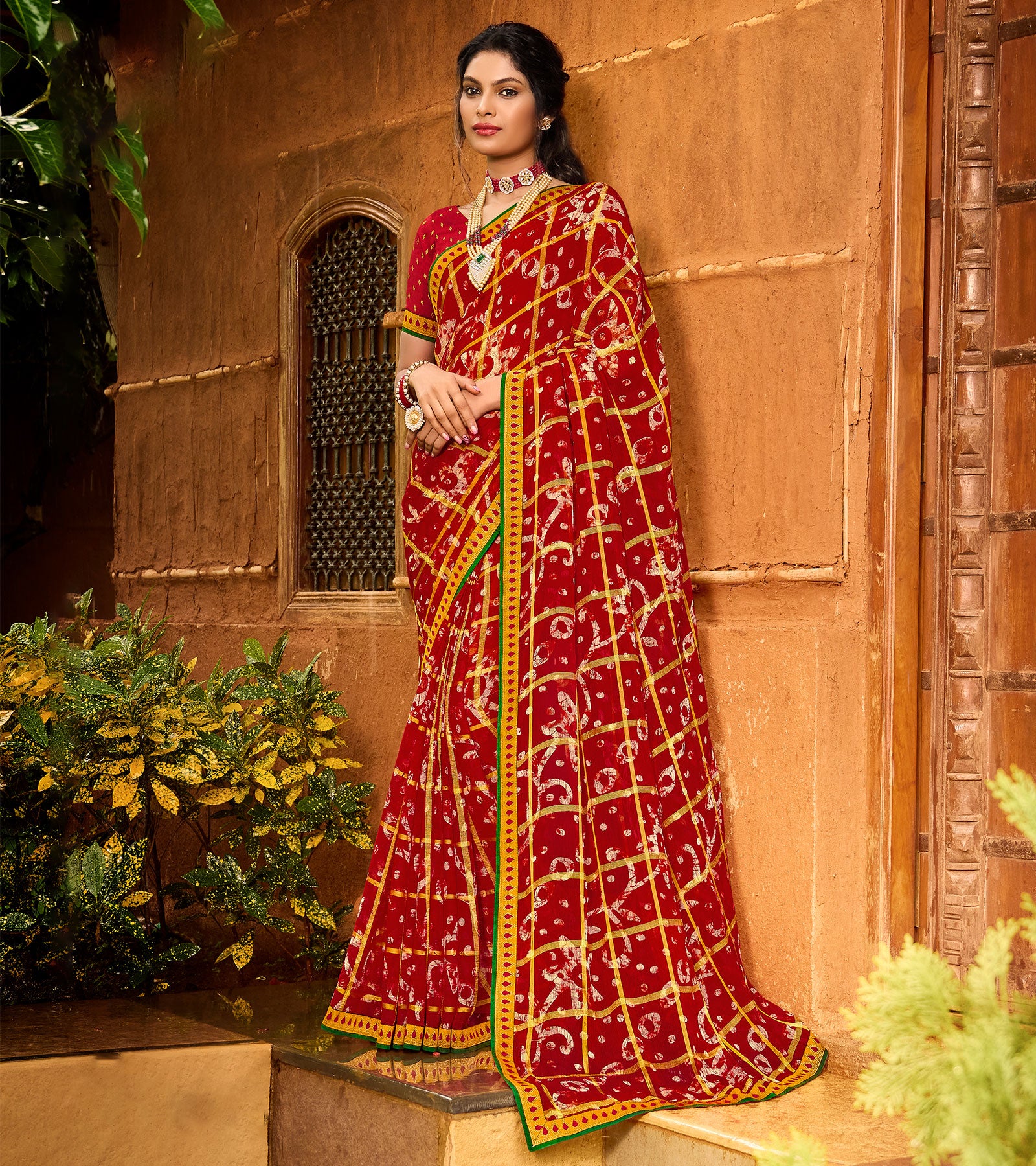 Laxmipati Chiffon Checks Red Sarees