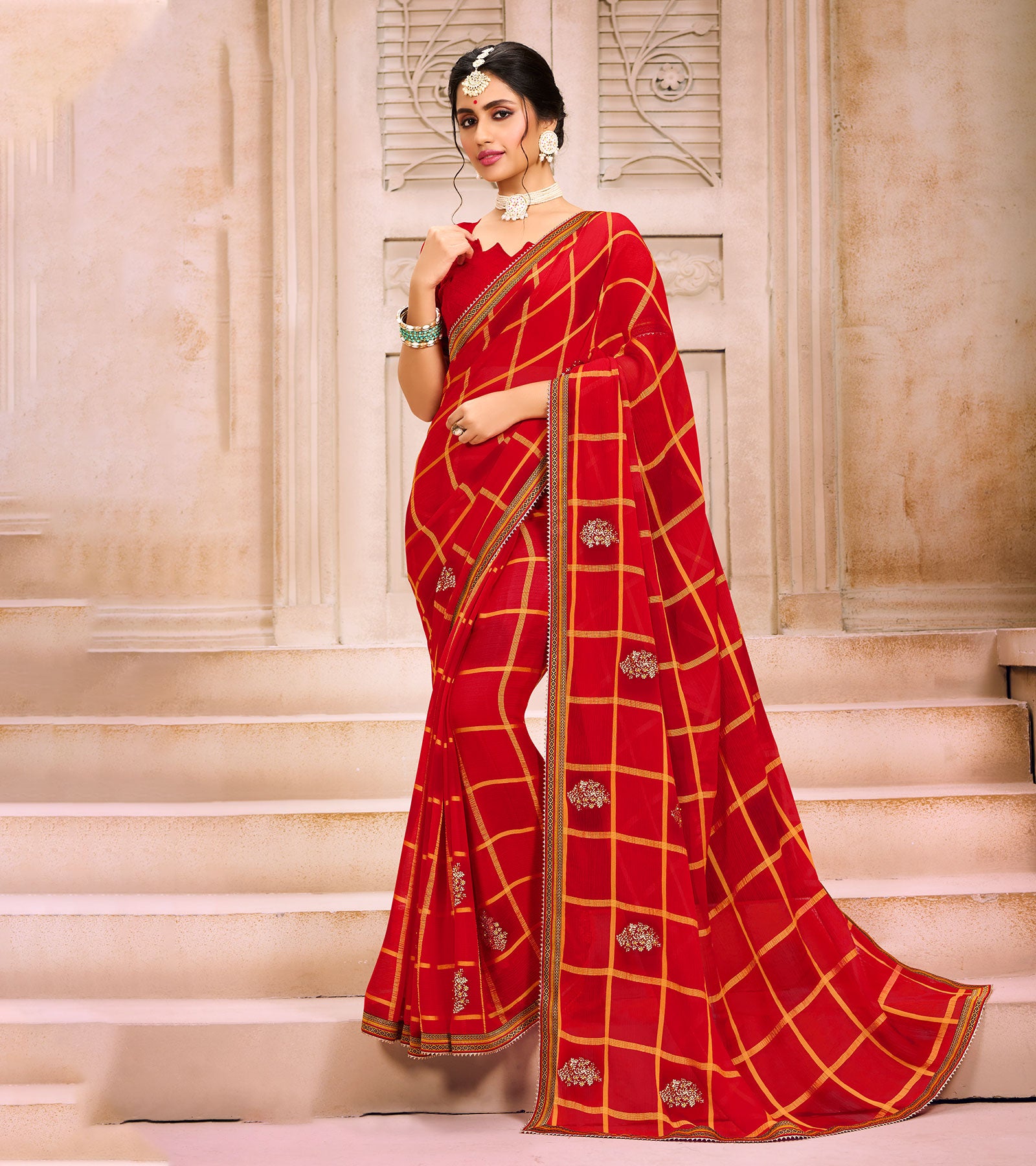 Laxmipati Chiffon Red Saree