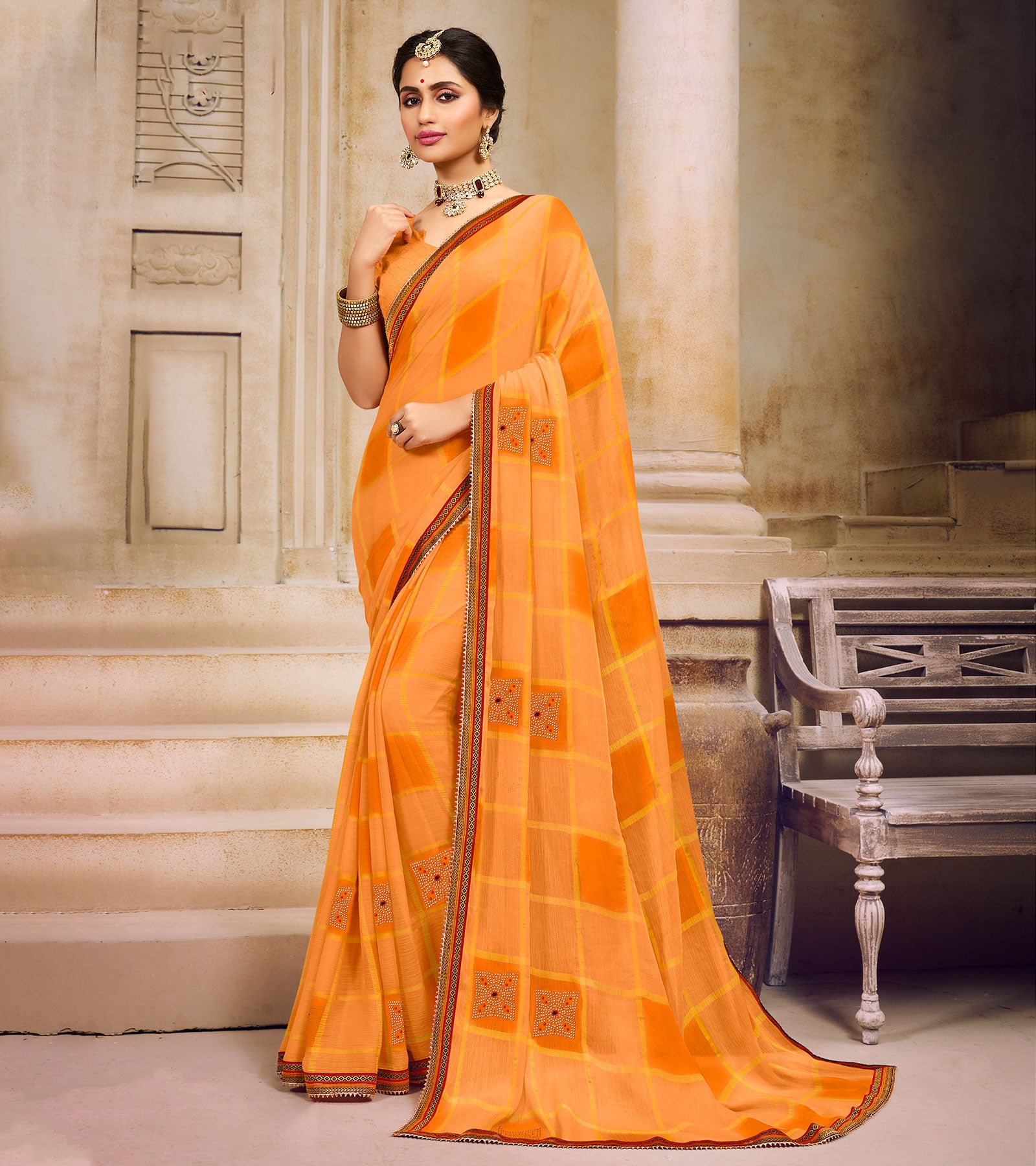 Laxmipati Chiffon Light Orange Saree