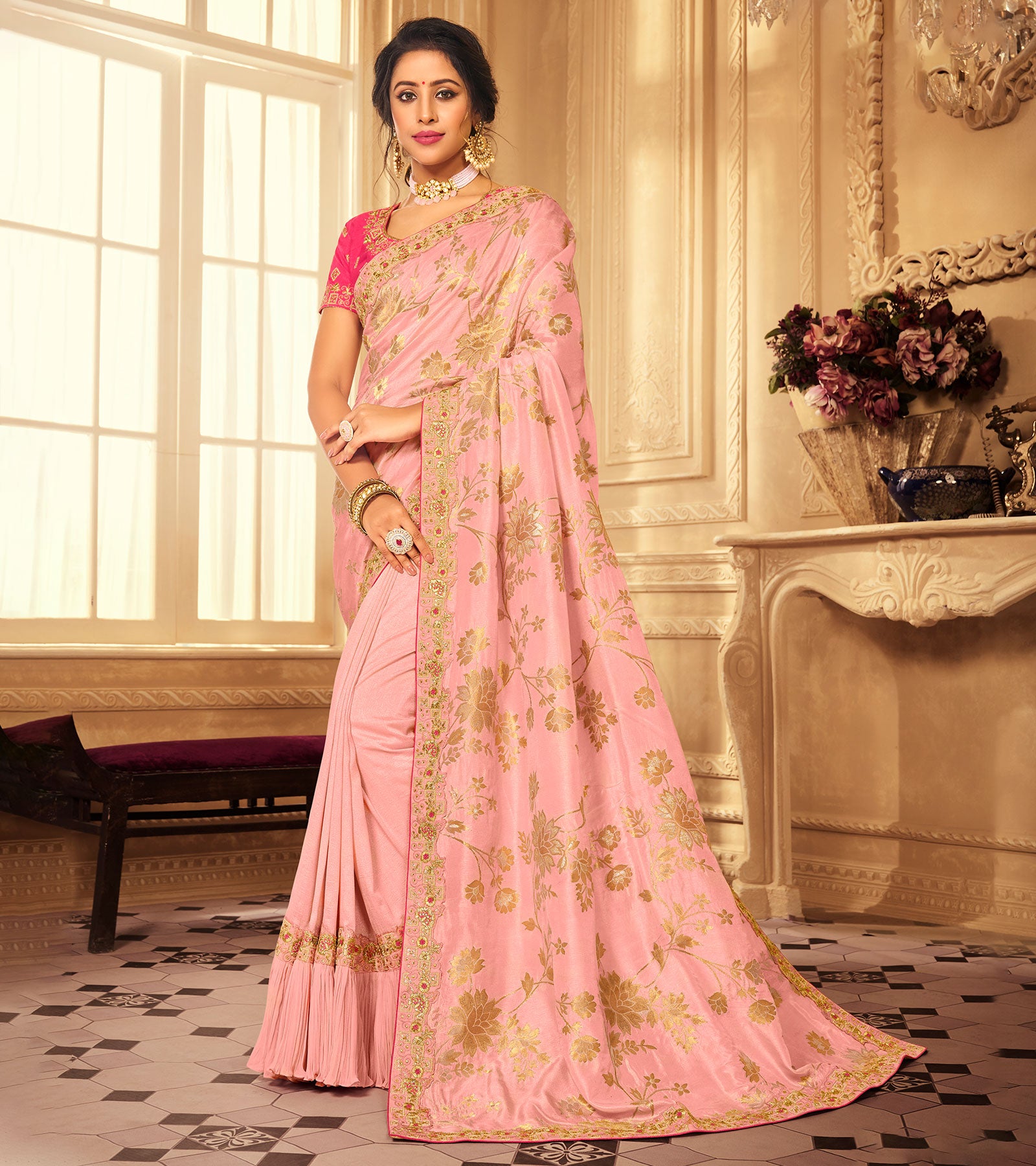 Laxmipati Tangail Silk Peach Sarees