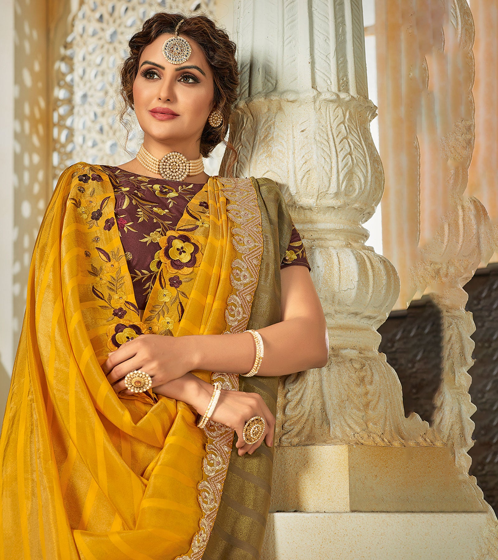 Laxmipati Silk Pattern Heavy Embroidry Work, Embroidered Blouse Mustard Saree