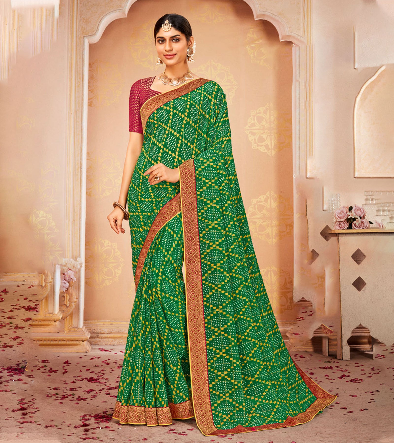 Laxmipati Bandhani Printed Green Chiffon Saree